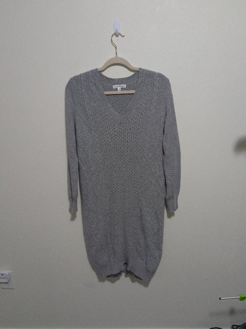 Downeast Gray V-Neck Mixed Cable Knit Sweater Dress